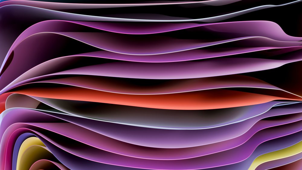 Abstract digital artwork featuring smooth, colorful layered waves with purple, red, yellow, and blue tones on a dark background.