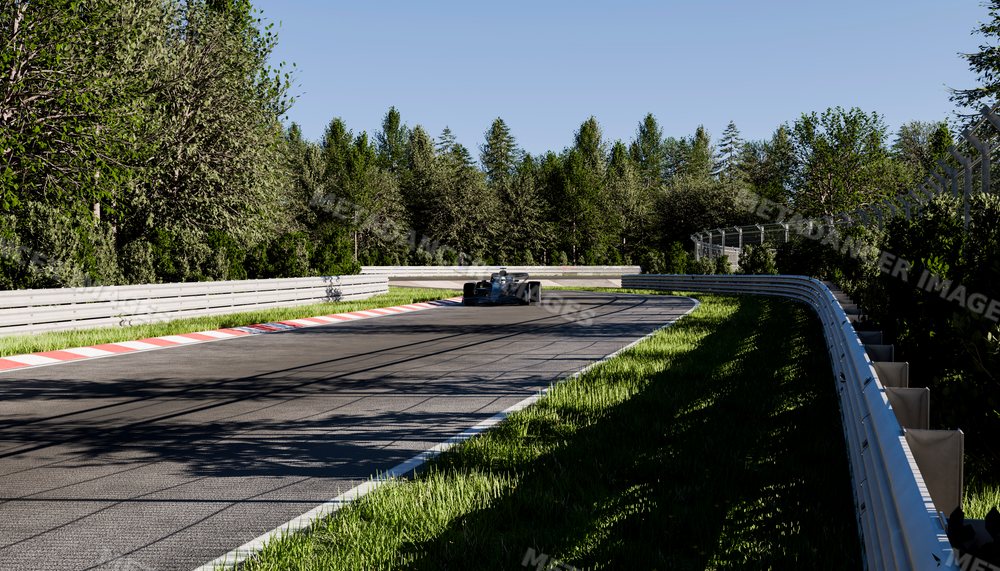 A race car drives on a curved asphalt circuit surrounded by trees