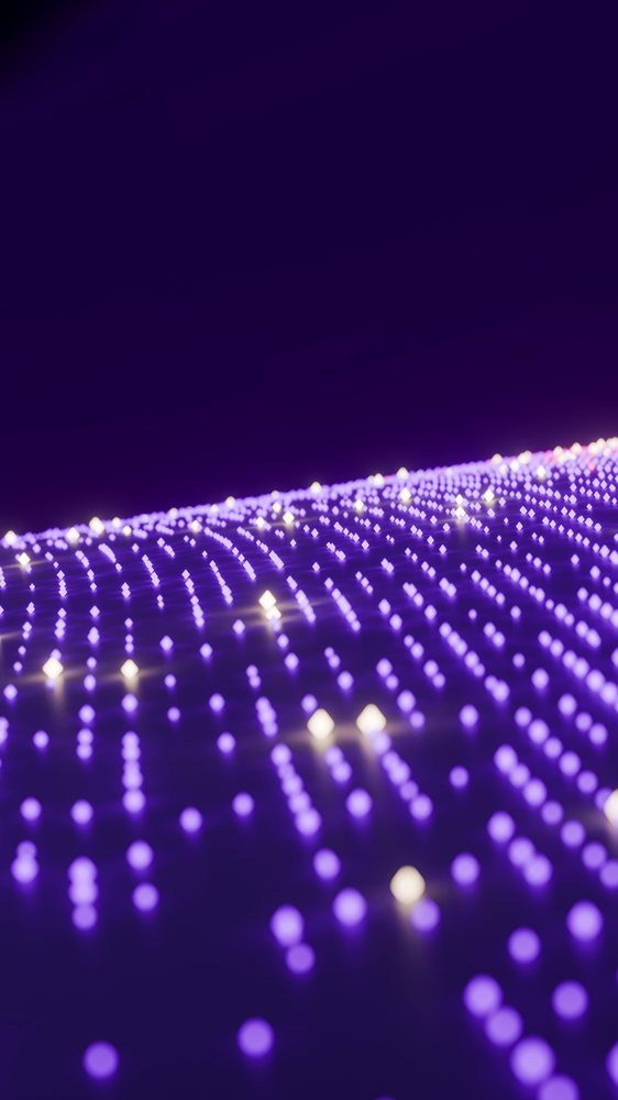 Pattern of glowing purple and some yellow dots arranged in curved lines on a dark digital surface.