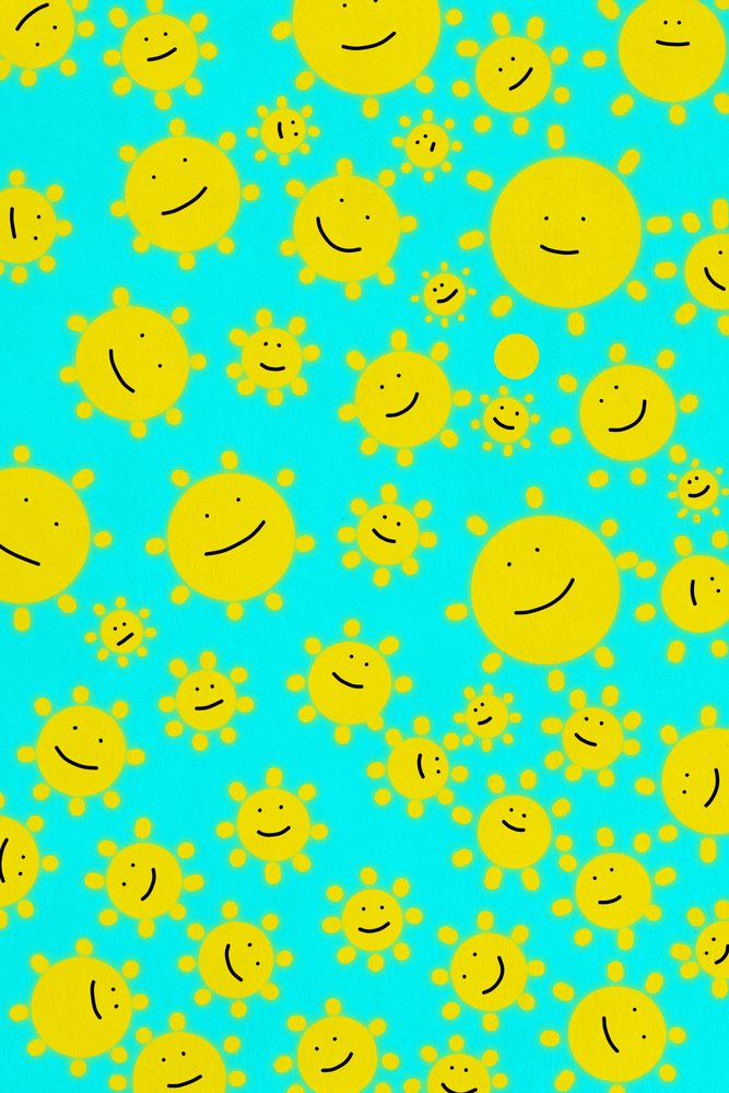 Yellow sun shapes with happy faces arranged in a repeating pattern on a blue background illustration.