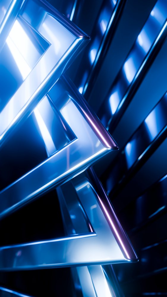 Abstract blue metallic geometric shapes with reflective surfaces and sharp edges in a modern layered digital art composition.