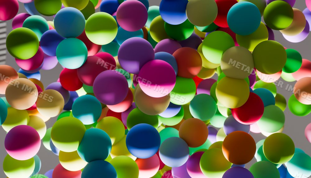 A close-up of colorful balls floating in an abstract arrangement