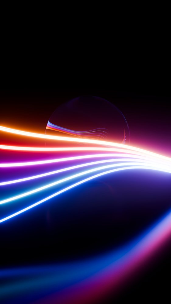 Colorful neon light trails flow horizontally across a dark background in a dynamic digital illustration.