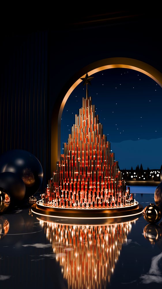 Golden Christmas tree made of illuminated tubes with a star on top under an archway reflecting on a shiny surface at night.