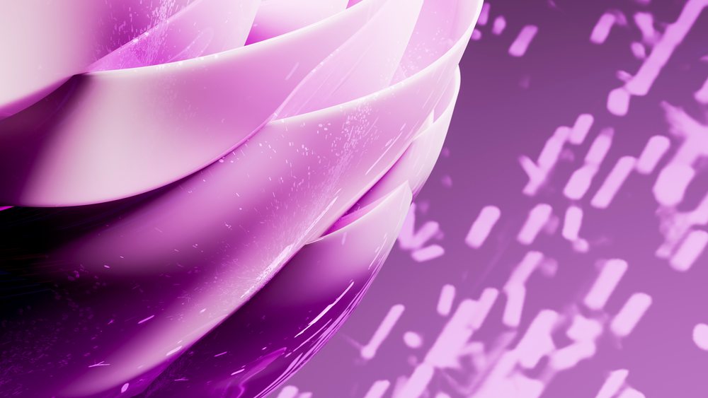 Abstract shiny purple curved shapes with a smooth glossy surface against a blurred patterned background.
