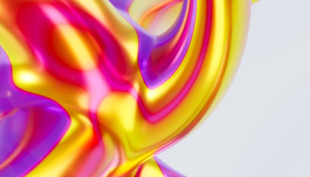 Abstract colorful swirling shapes in yellow, pink, and purple with a smooth flowing design and glossy surface.