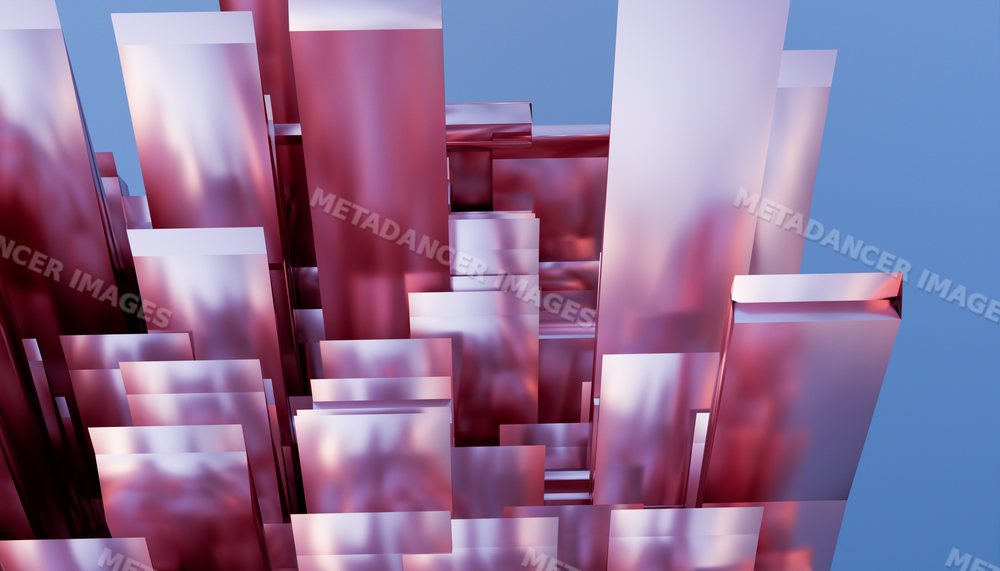 Abstract shiny purple metallic blocks stacked in a 3d rendering