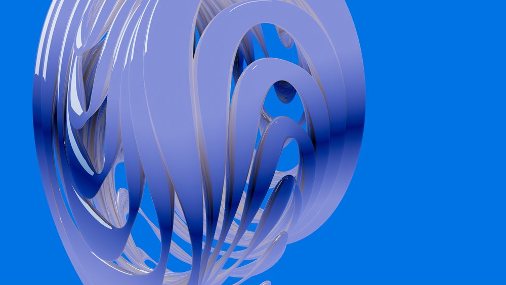 Blue abstract 3D digital illustration featuring glossy curved shapes on a blue background.
