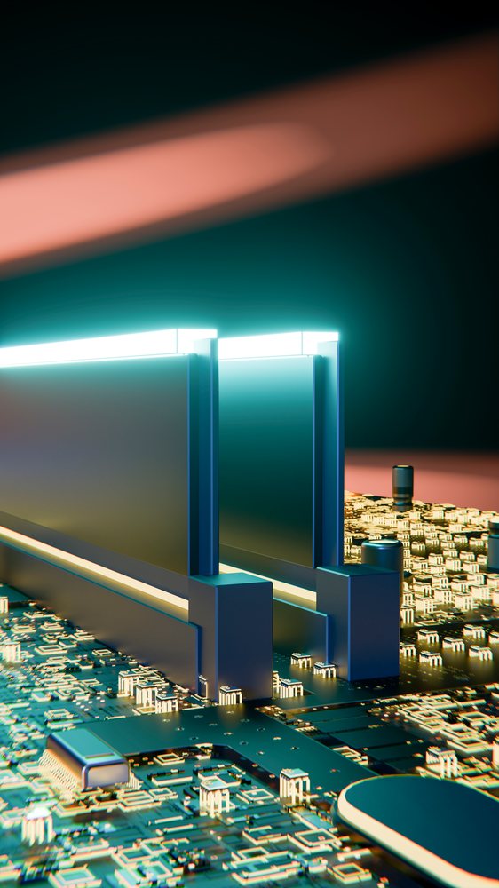 Illustration of computer memory modules installed on a circuit board with neon lighting against a black background.