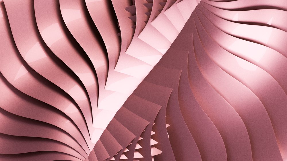 Digital illustration featuring layered smooth curved pink surfaces forming fluid geometric and shapes with soft shadows creating depth.