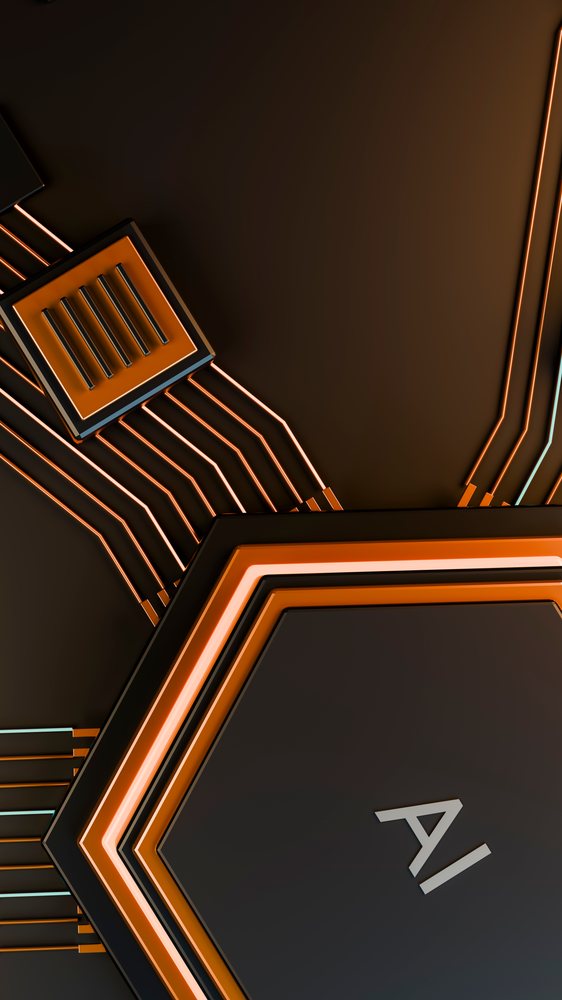 Close-up of a hexagonal AI microchip with glowing orange circuit lines on a black circuit board.