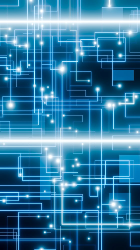 Blue glowing lines form an interconnected digital circuit pattern on a dark background representing technology and connectivity.