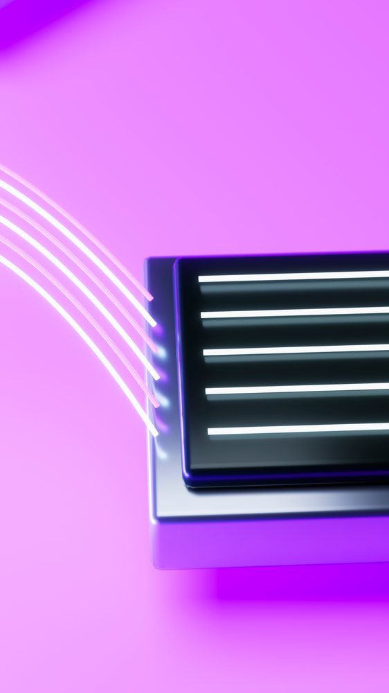 Black rectangular electronic device with white illuminated bars and glowing light trails on a purple background in a digital technology theme.