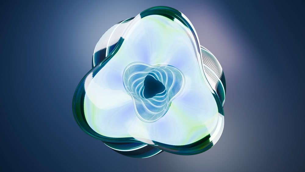 Smooth, transparent blue 3D shape with curved surfaces and reflections in a contemporary digital illustration.