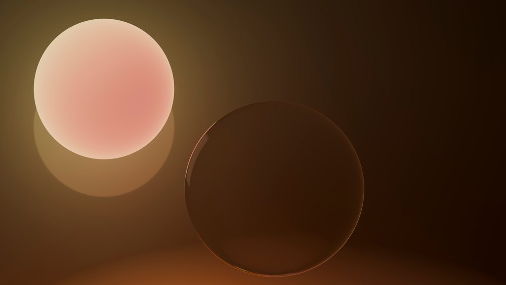 Abstract digital illustration featuring two spherical shapes with reflections and shadows on a brown gradient background.