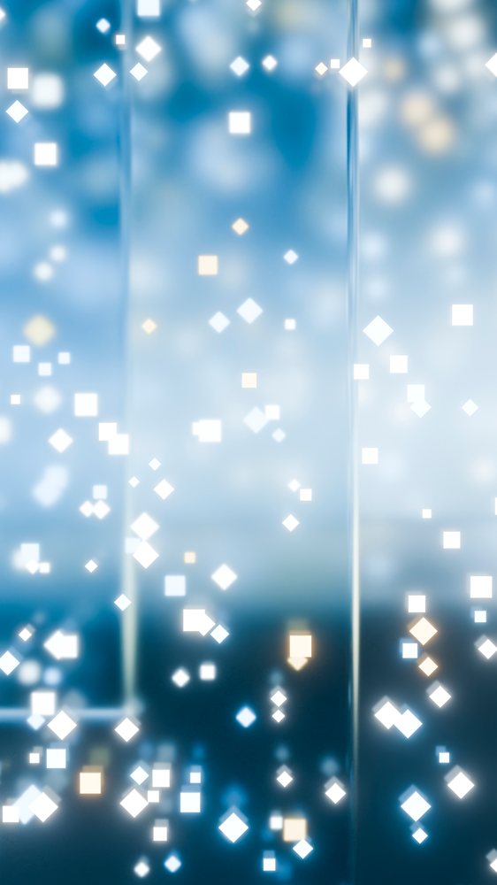Abstract digital illustration of white glowing square bokeh lights on a blue background with a soft sparkle effect.