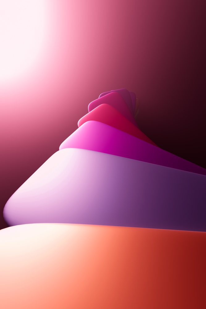 Abstract spiral shape with layered purple, pink, red, and orange gradient colors on a dark background.