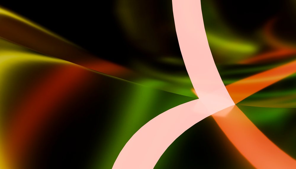 Abstract digital design with colorful flowing shapes and curved lines on a black background.