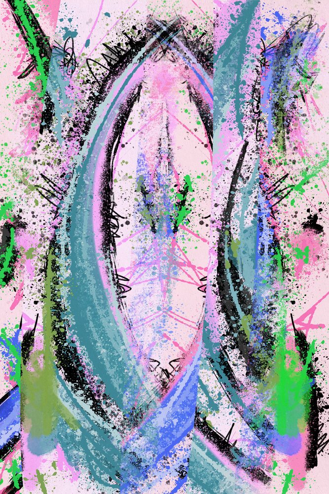 Abstract digital painting featuring vibrant colorful splatters and brush strokes on a pink background, illustration.