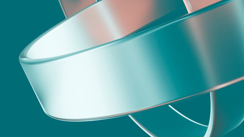 Abstract twisting blue ribbon with smooth curved surfaces against a blue background.