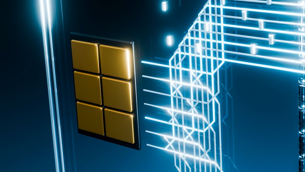 Digital illustration of a microchip with six gold contacts and glowing blue circuit board connections representing advanced electronic technology.