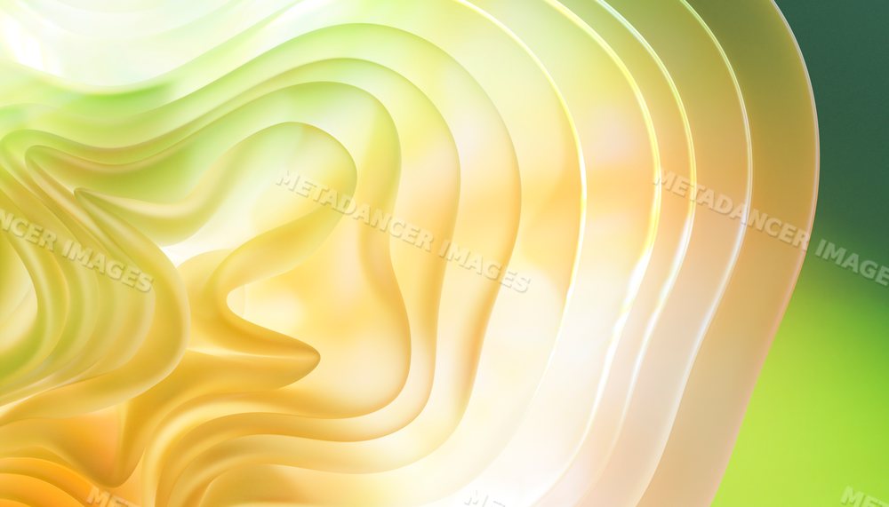 Abstract translucent shapes with glowing yellow curves and green