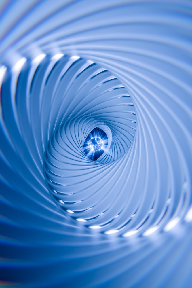 Abstract render of a blue spiral vortex creating a twisting tunnel effect.