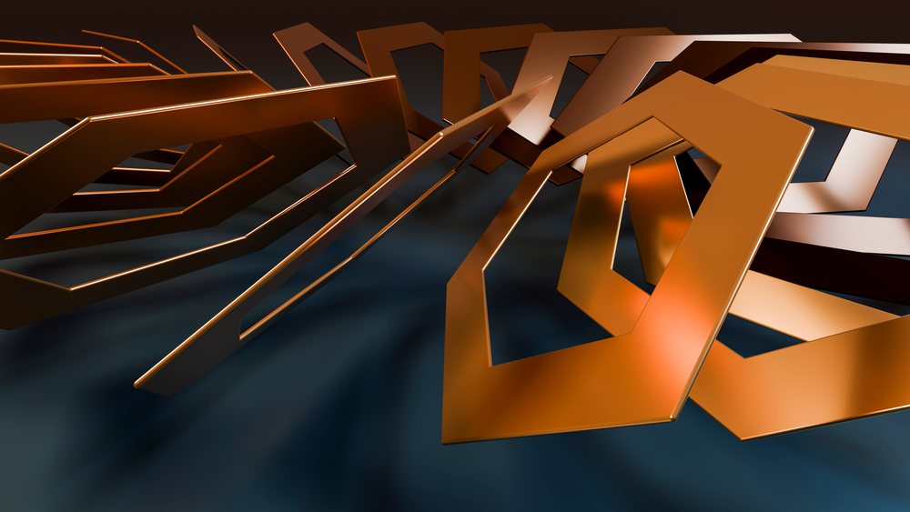 Abstract arrangement of metallic orange hexagonal shapes with reflective surfaces on a dark background.