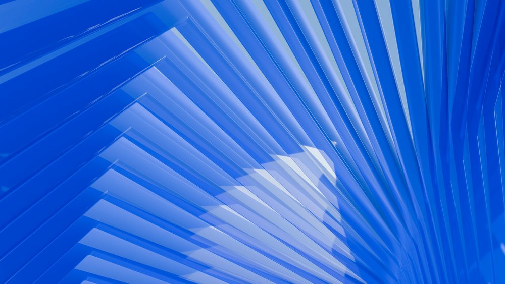 Blue abstract geometric pattern with shiny reflective lines and shapes creating visual repetition and rhythm.