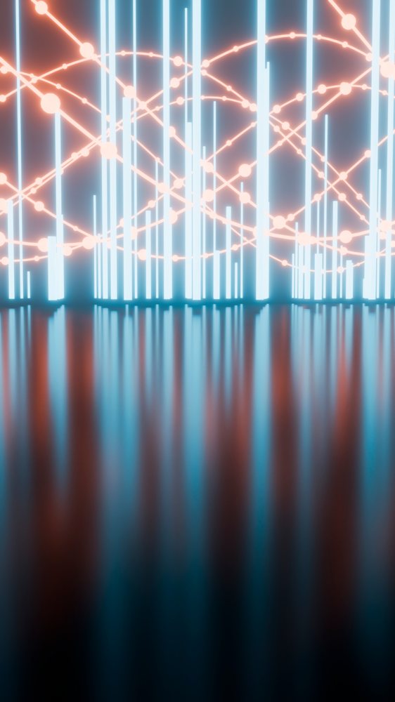 Blue and orange neon lights form vertical glowing bars and lines reflected on a dark glossy surface.