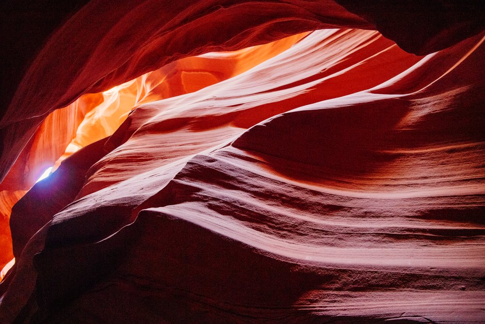 Antelope Canyon, USA features layered sandstone rock formations, Navajo Land, Arizona.