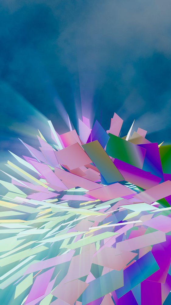 Digital 3D rendering of colorful sharp geometric shapes with pastel colors and rays of light in an abstract composition.