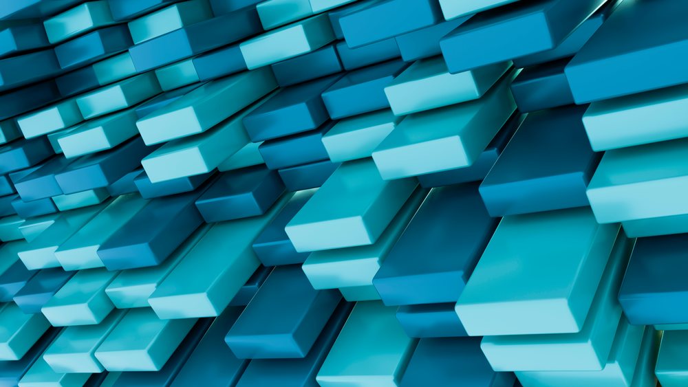 Overlapping blue rectangular blocks form a textured 3D abstract pattern in cool tones.
