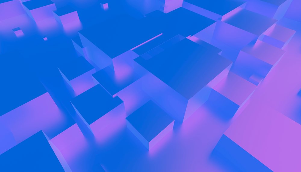 Abstract 3D blue and purple geometric cube blocks with gradient lighting in a digital composition.