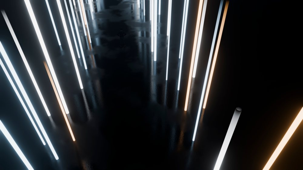 Vertical light poles with glowing white and warm lights stand in parallel rows on a reflective dark floor in a modern art installation.