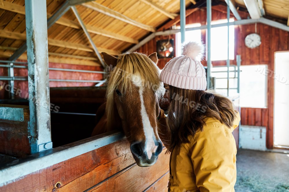 A white woman gently pets a brown horse inside a wooden stable