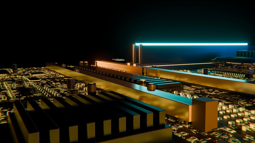 Close-up CGI of a computer circuit board showing glowing electronic components and metallic parts on a black background.