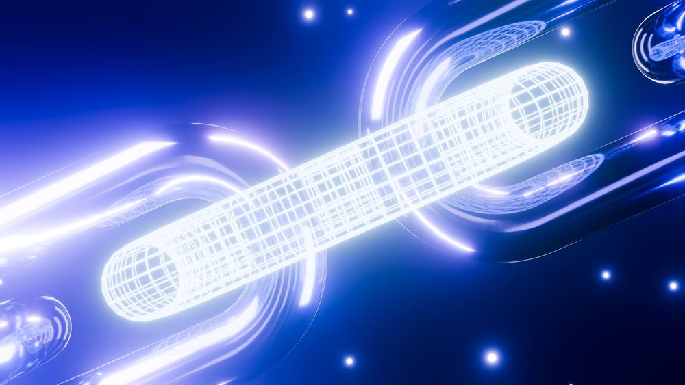 Glowing 3D wireframe chain link and interconnected links on a blue futuristic technology background.