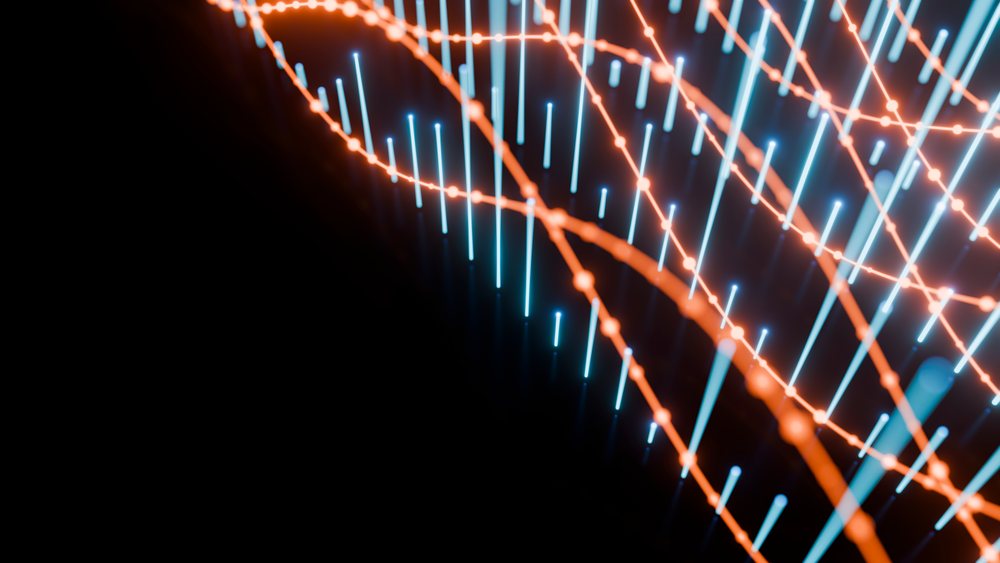 Abstract digital network illustration featuring glowing orange and blue lines with connected dots on a black background.