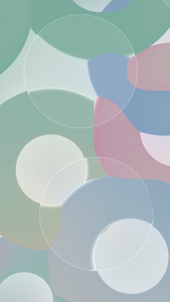 Abstract digital illustration of overlapping translucent circles in soft green, blue, pink, and white tones.
