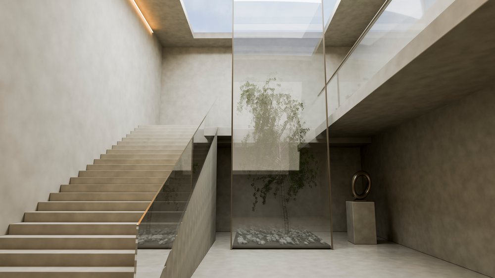 Minimalist modern interior featuring a concrete staircase with glass railing and an indoor tree behind glass under a skylight.