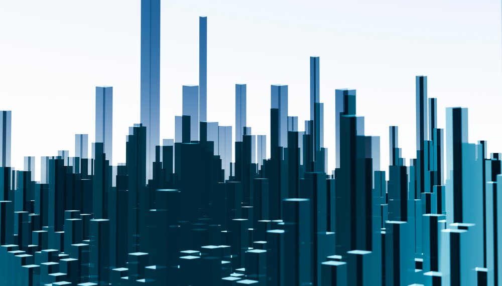 Glass bars forming an abstract cityscape with tall transparent blue towers in modern minimalist style.