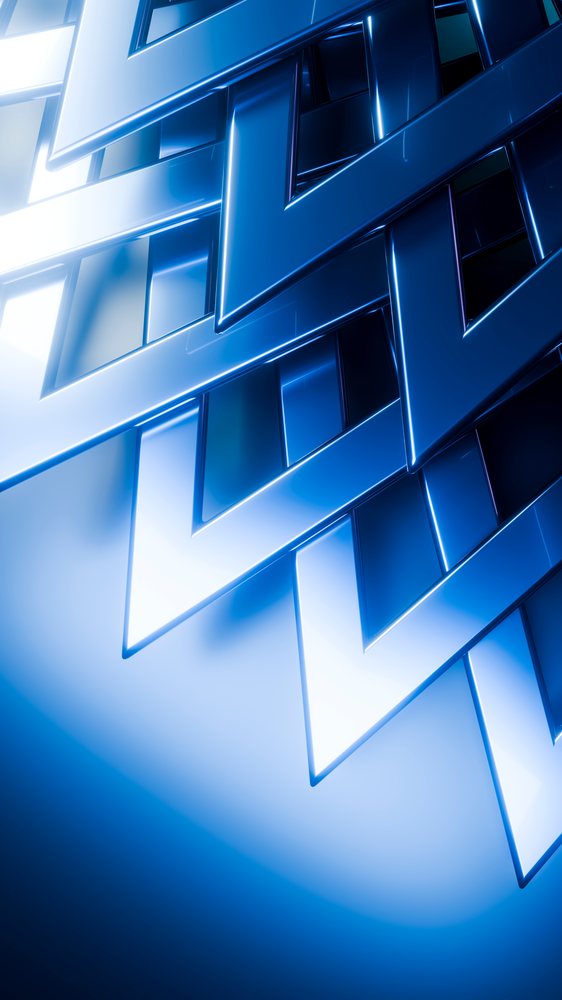 Shiny blue geometric shapes with reflective surfaces form a repeating abstract modern design.