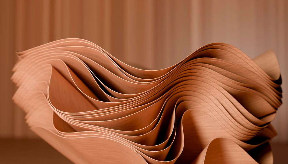 Curved thin wood sheets layered in an abstract sculptural form highlighting natural grain and texture.