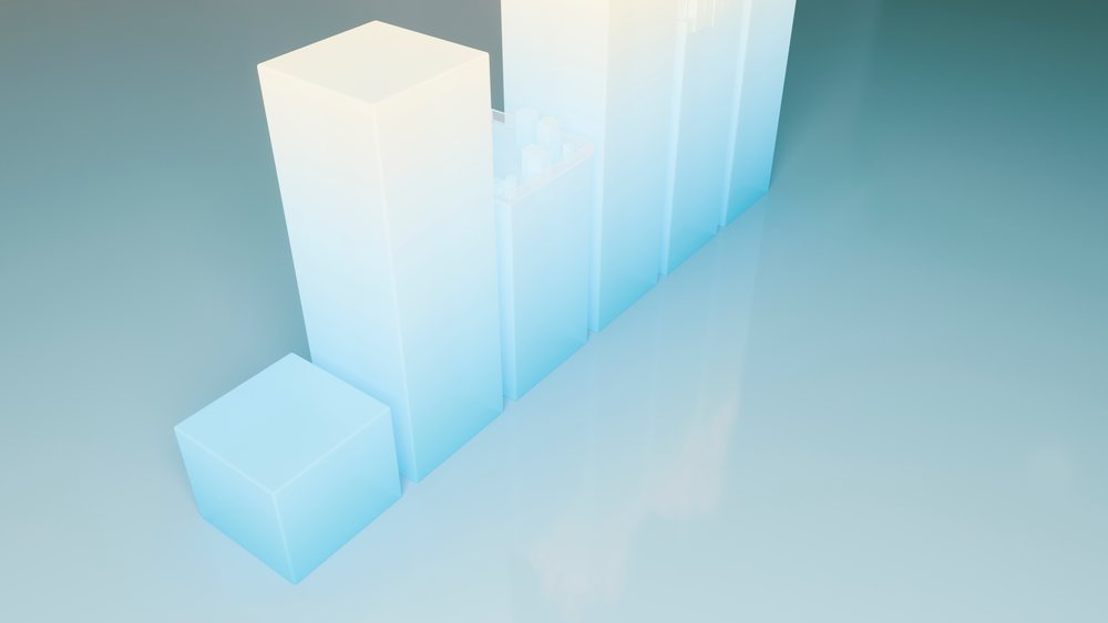 3D blue gradient bar chart with varying heights representing data visualization on a reflective surface.