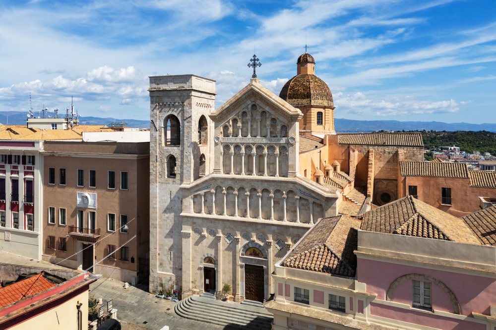 Cagliari Cathedral Santa Maria Assunta e Santa Cecilia with its dome and bell tower stands prominently, Castello district, Travel Photography, Sardinia, Italy.