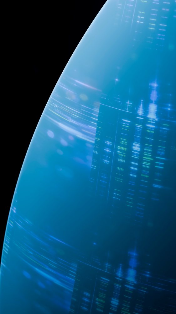 Blue digital globe displaying glowing data visualizations and network patterns on a black background.