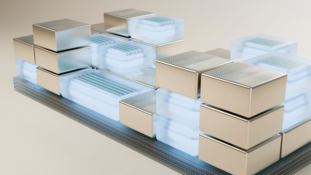 Abstract 3D illustration features stacked metallic and blue frosted glass cubes arranged in geometric rectangular shapes.