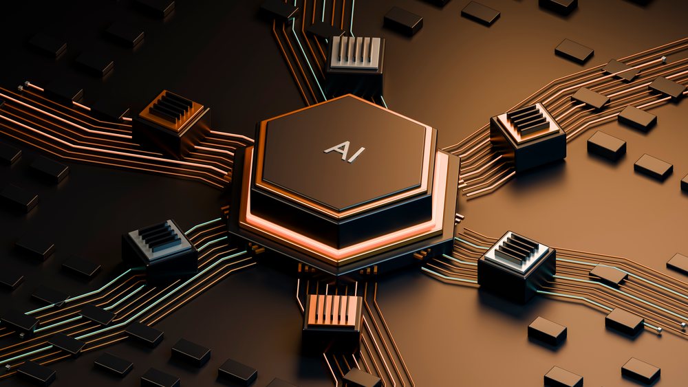Close-up of a hexagonal AI-labeled microchip mounted on a circuit board with copper traces and electronic components.