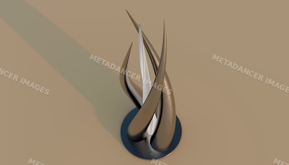 Abstract modern metal sculpture with curved pointed shapes in studio